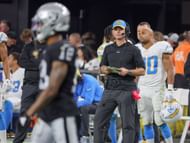 Austin Ekeler, Brandon Staley during Los Angeles Chargers v Las Vegas Raiders